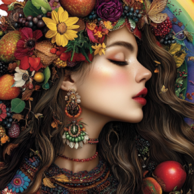 Horatium2023 Spring Woman Surrounded By Fruits Flowers And Ra 23ecdece 112e 4179 98f0 033048abae5e 0